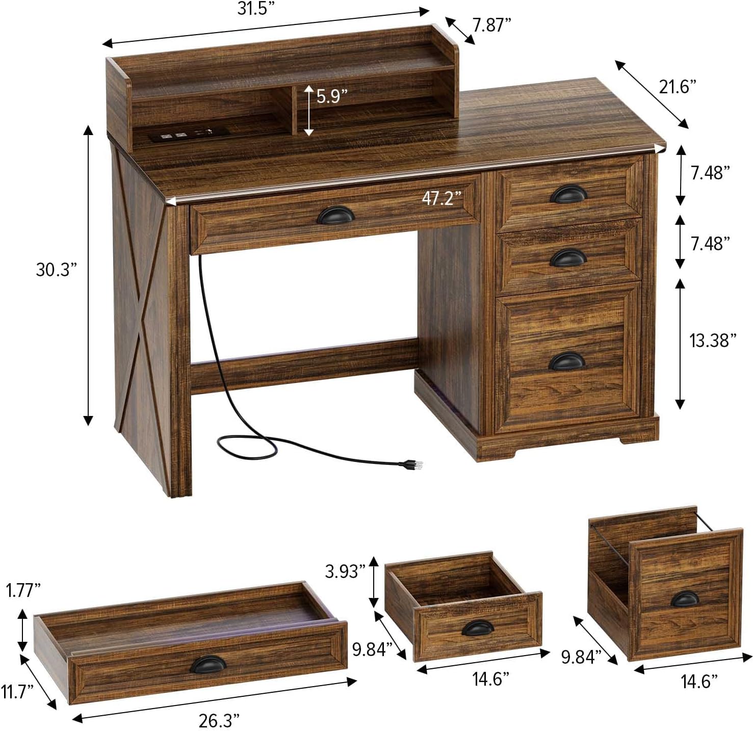 Computer Desk with Monitor Stand, Farmhouse Home Office Desk with LED Lights Power Outlets, 47 inch Wooden Workstation with Storage File Cabinet for Gaming Studying Working, Walnut