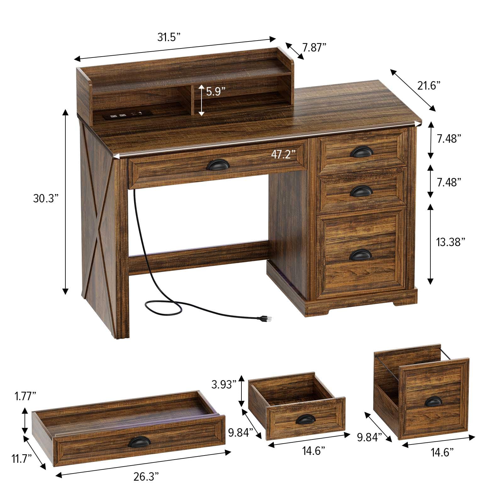 Lareth Computer Desk with Monitor Stand, Farmhouse Home Office Desk with LED Lights Power Outlets, 47 inch Wooden Workstation with Storage File Cabinet for Gaming Studying Working, Walnut: Natural