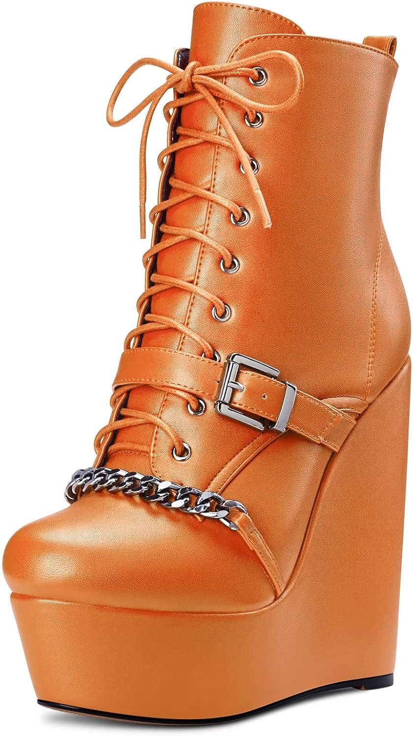 HDEUOLM Women High Wedge Platform Heel Round Toe Ankle Boots Short Bootie Zipper Party Cute Boots