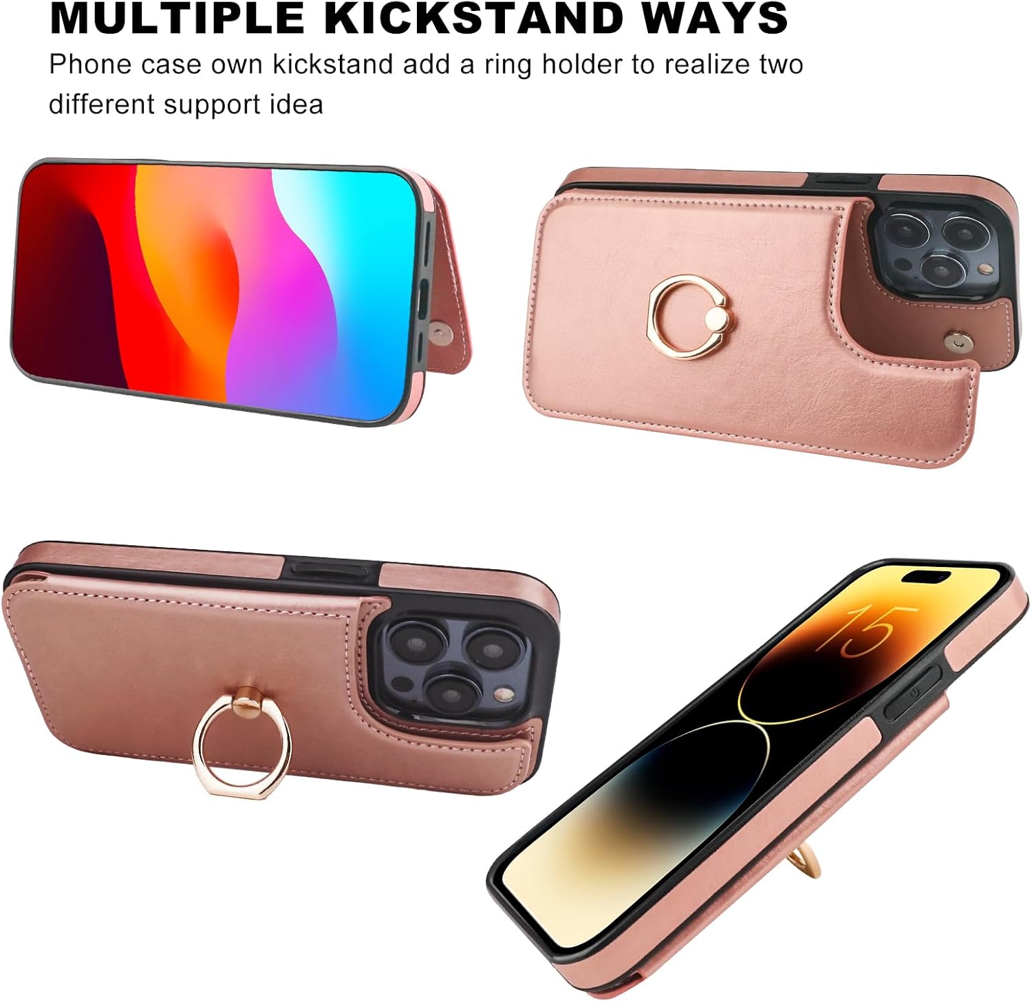 ONETOP for iPhone 15 Pro Wallet Case with Card Holder, 360° Rotation Ring Kickstand RFID Blocking PU Leather Double Magnetic Clasp Shockproof Cover for Women and Girls 6.1 Inch (Rose Gold) - Image 4