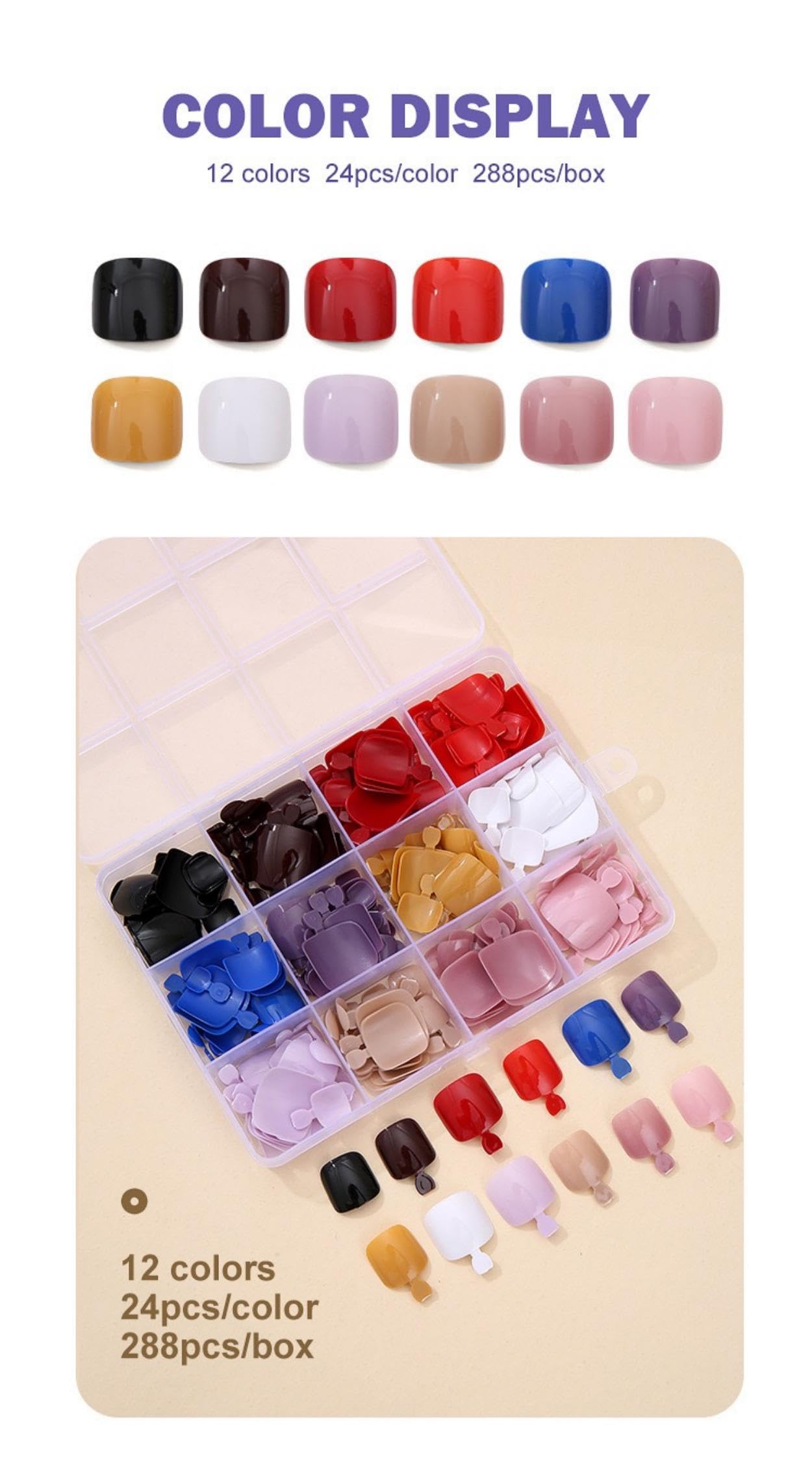 12Packs 288Pcs Press on Toenails 12Colors Fake Toenails Short Square Solid Color False Toenails Pure Color False Toenail Tips Glossy Toenails Press ons,Toenail Art for Women Girls Foot Manicure