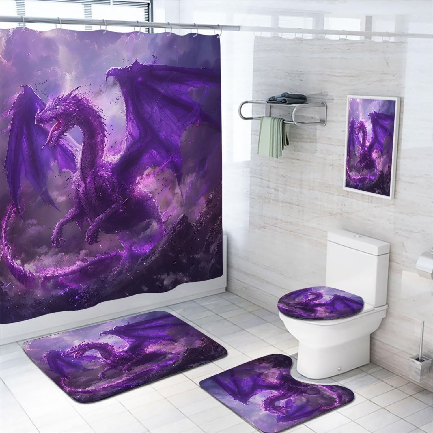 Purple Dragon Shower Curtain Set with Rug, Toilet Lid Cover and Bath Mat, Medieval Fantasy Animals Cool Dragon Bathroom Shower Curtain with 12 Hooks
