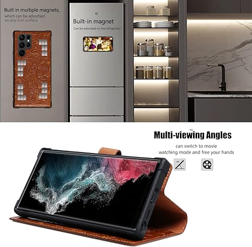 Miniatura 5 de Funda tipo cartera para Samsung Galaxy S22 Ultra Real, funda de piel auténtica 2 en 1, magnética, desmontable, a prueba de golpes, con ranura para