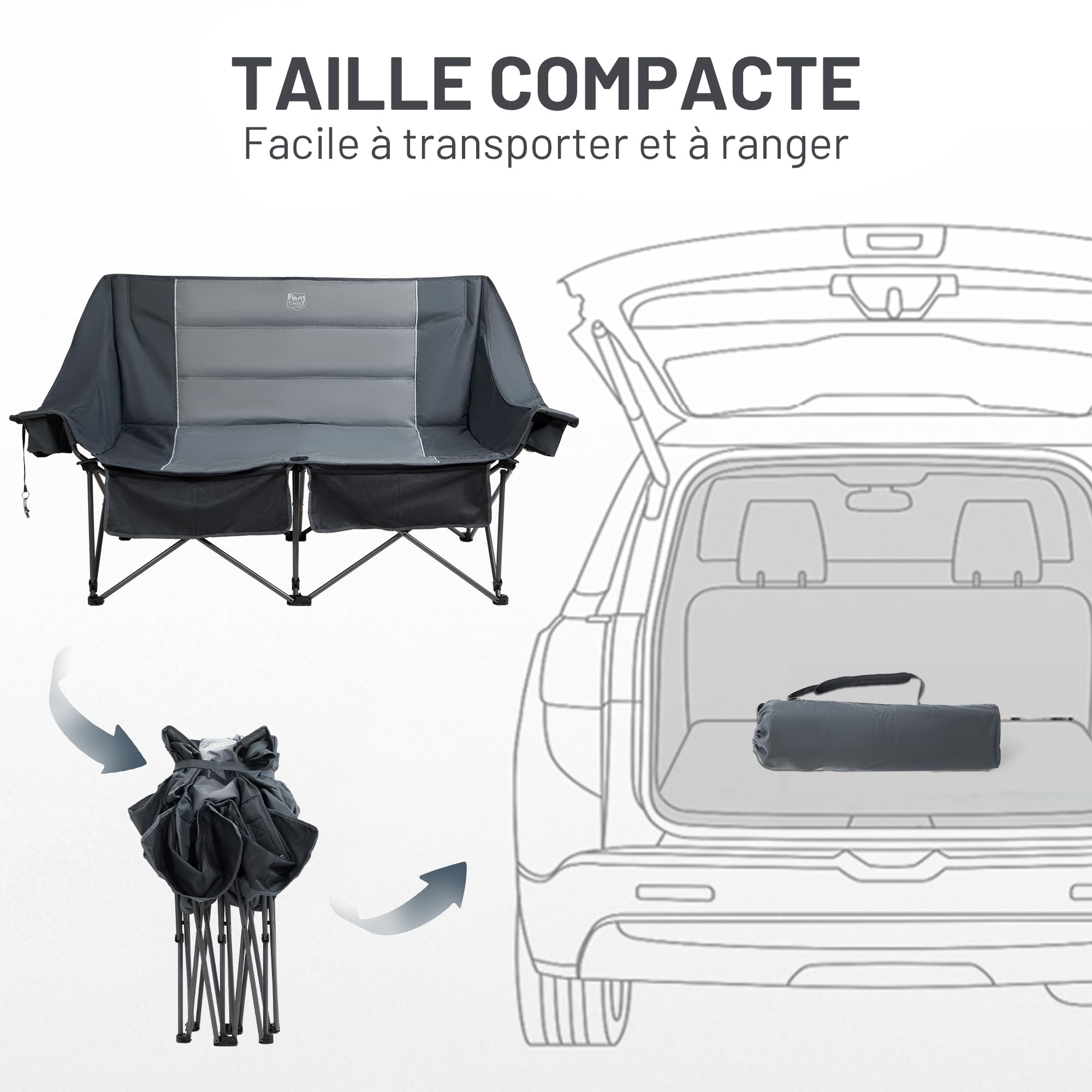 TIMBER RIDGE Chaise de camping pliable pour 2 personnes - Charge maximale : 320 kg - Canapé de camping XXL - 2 places - Avec poches latérales de grand volume - Dossier haut - Extra longue - Pour