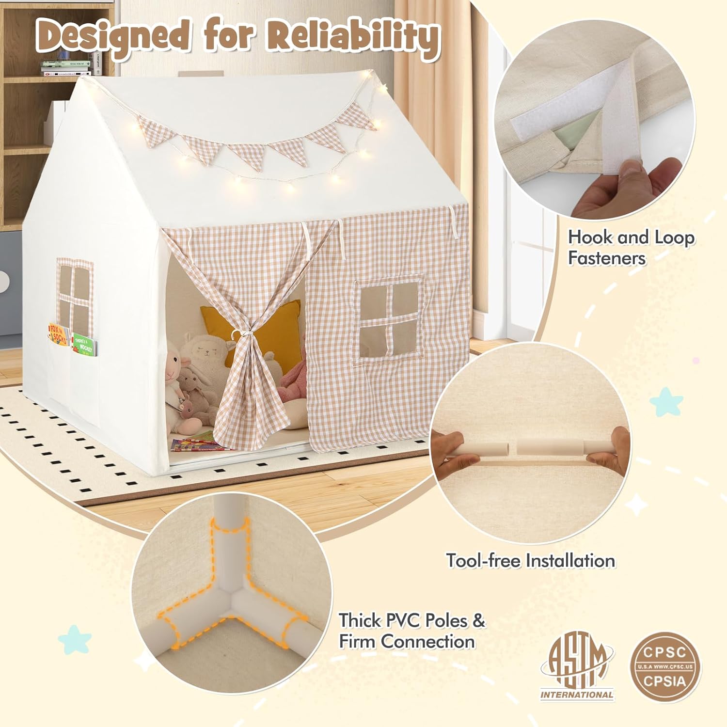 Images showing the bright star lights and retro plaid pennants that come with the tent as interesting accessories.