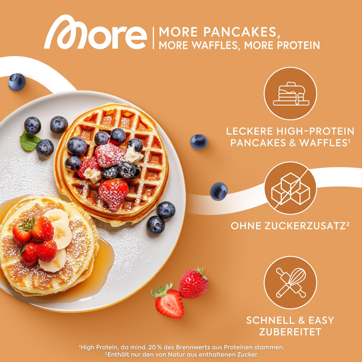 MORE Protein Pancakes and Waffle Mix, Neutral, 450 g, ohne Zuckerzusatz für fluffig leckere high-Protein-Pancakes - made in Germany