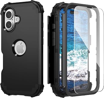 IDweel for iPhone 17 Case with Screen Protector for Men, 3 in 1 Shockproof Slim Fit Hybrid Heavy Duty Hard PC Cover Soft Silicone Bumper Full Body Anti-Fingerprint Case, Black
