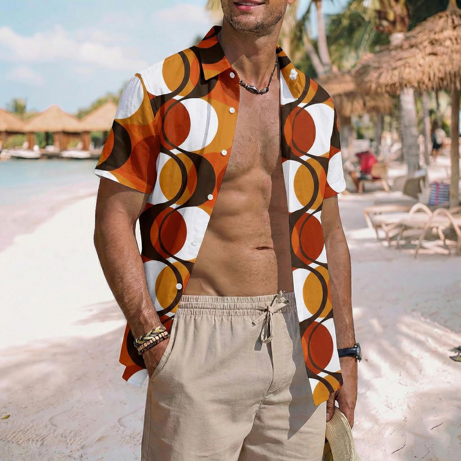 Hawaii Hemd Männer 70er 80er Jahre Outfit Herren Kurzarm Hippie Hemd Hawaiihemd Disco Kostüm Faschingskostüme Festliches Shirt Mottoparty Karneval Kostüm Freizeithemd mit Knöpfen