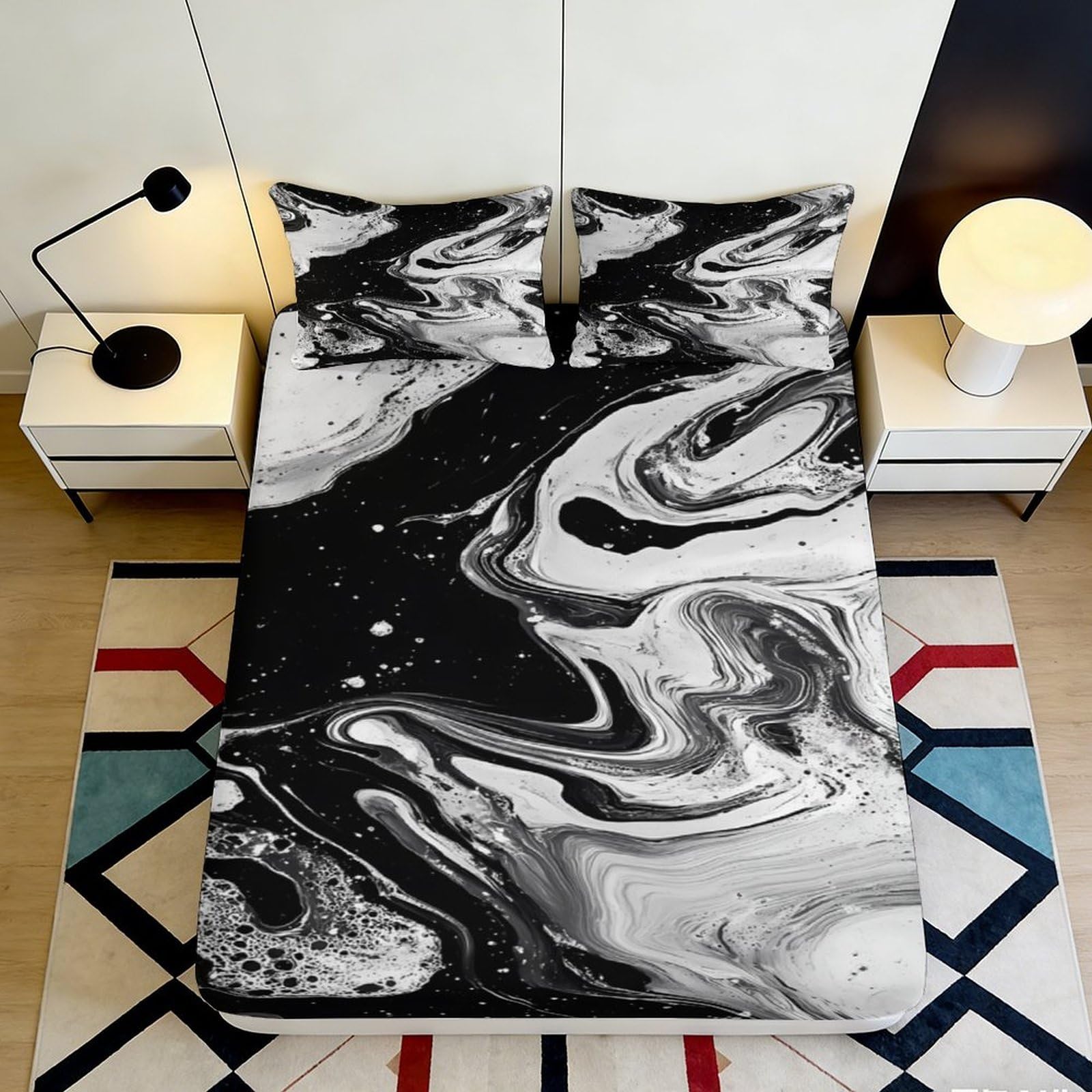 3D Printed Black Marble Swirl Fitted Sheet Microfiber Soft Anti-Slip Artistic Abstract Mattress Cover for Bedroom Decor 120x200x25cm