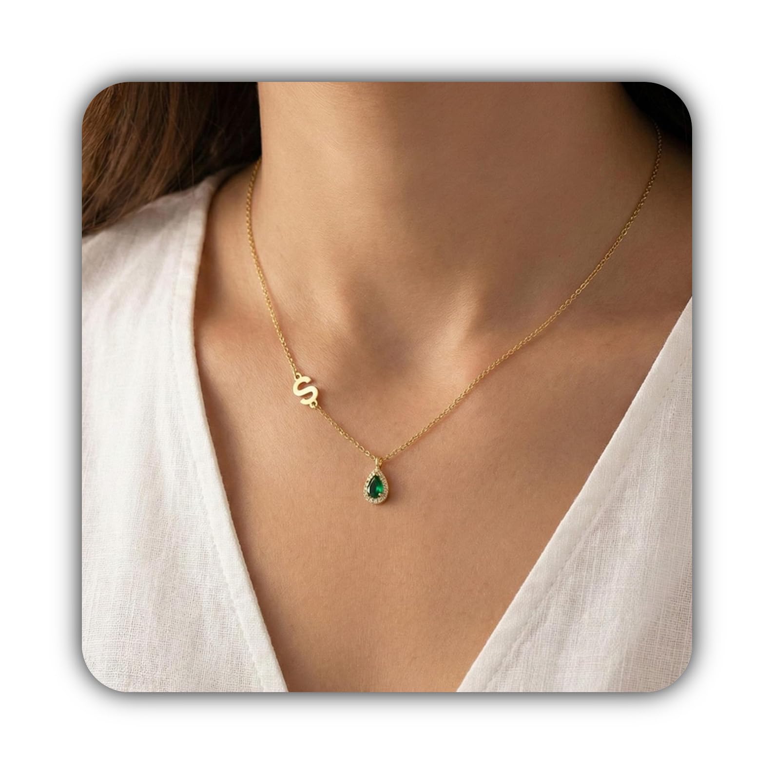 Oro laterale iniziale collana con pietra portafortuna, delicato su misura per mamma personalizzato con pietra portafortuna Natale, Stile quotidiano