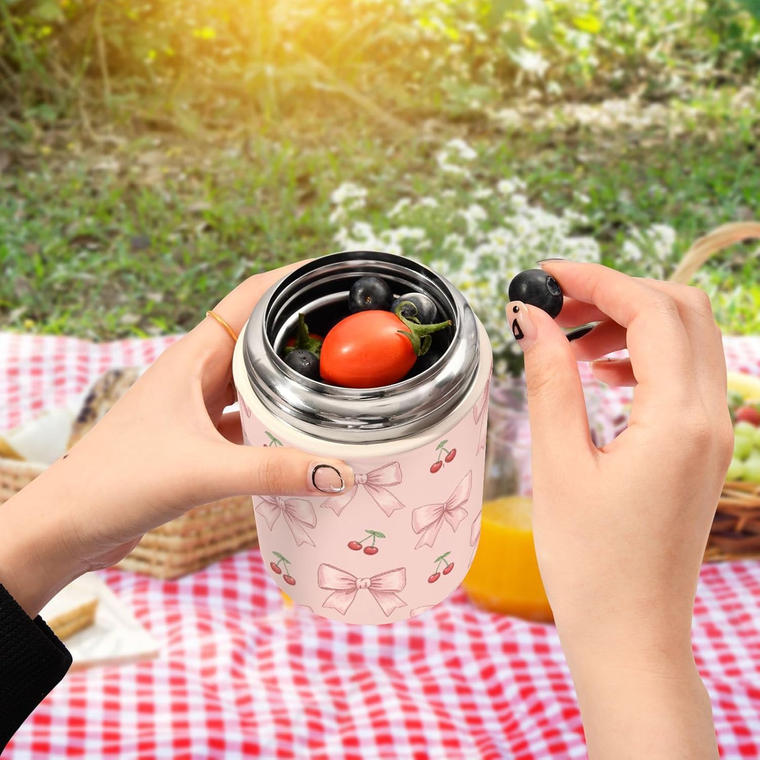 16OZ Vacuum Insulated Food Jar Vintage Bows Cherries Stainless Steel Hot Cold Food Thermo with Spoon for Kids and Adult, Lunch Container for School, Office, Picnic