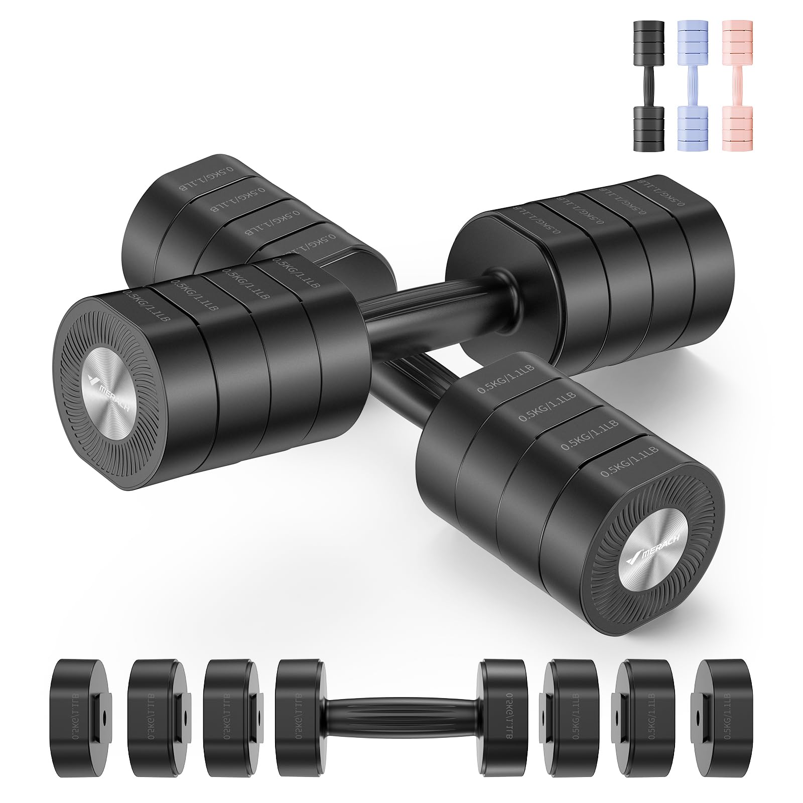 Merach Manubri Regolabili，Set di 2 Manubri Palestra Casa, Pesi Palestra Casa 4 in 1, 1-4KG Manubri Palestra Regolabili, Dumbbells per Allenamento della Forza, Fitness per Uomini/Donne
