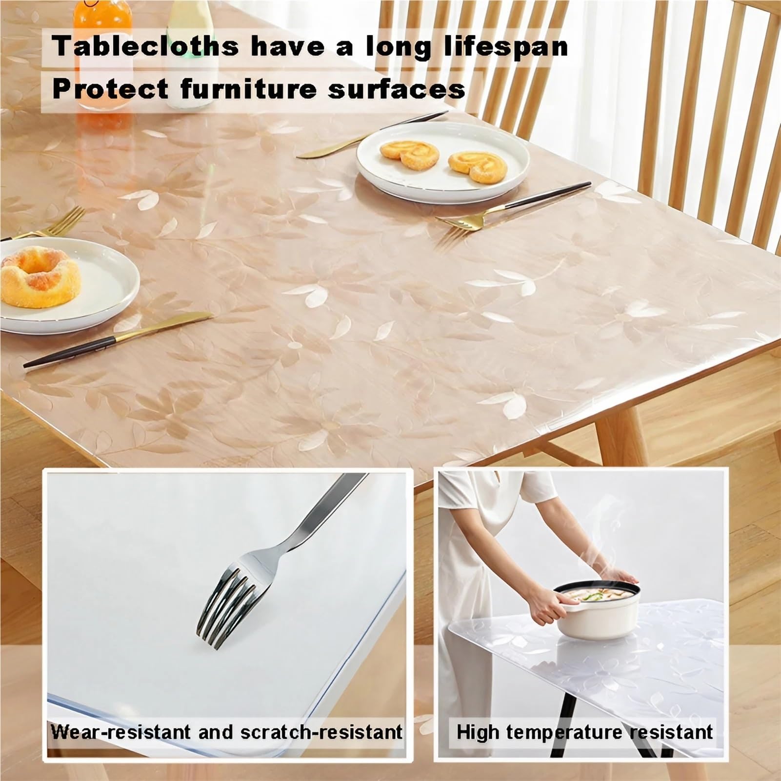 Tovaglia Plastificata Rettangolare Trasparente per Cucina e Pranzo, Impermeabile Lavabili Wipe Clean Antiscivolo Resistente | PVC 2mm | Protezione Mobili con Design Fiori(80 x 120 cm)