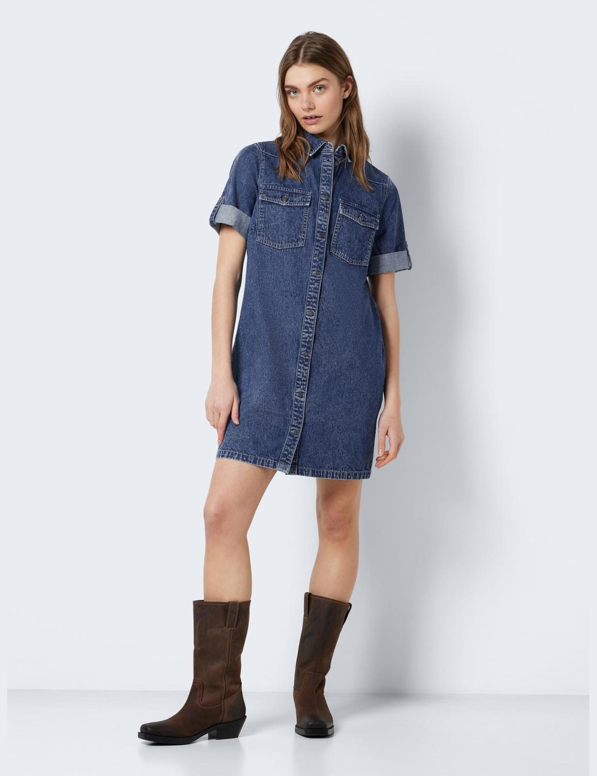 Noisy may Damen Kurzes Denim Jeanskleid Oversize Kurzarm Hemd Design Basic Shirtkleid