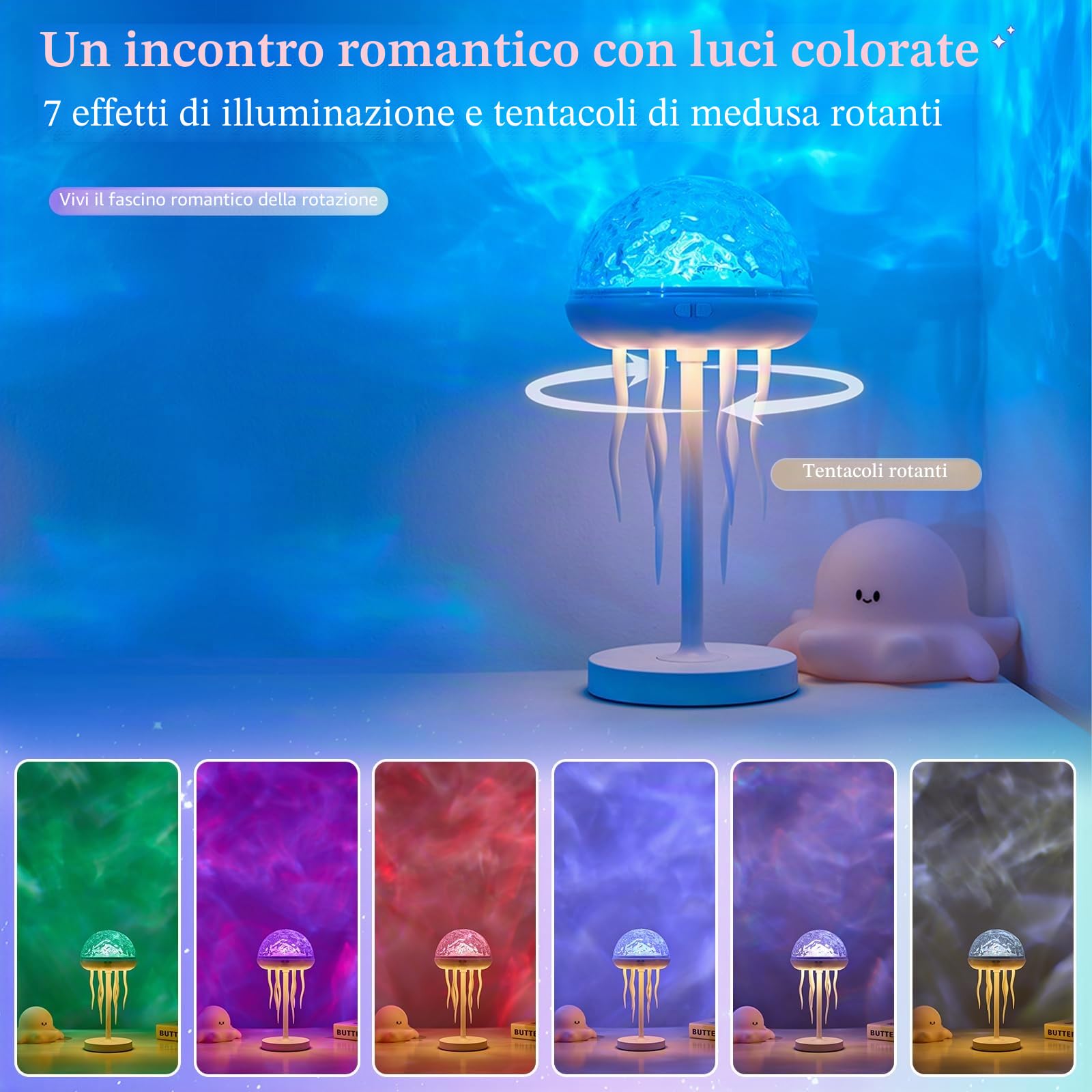 Lampada a forma di medusa, proiettore di onde dell'oceano con meduse, luce notturna USB, lampada d'atmosfera con tentacoli danzanti, proiettore da soffitto a 7 colori, luci settentrionali
