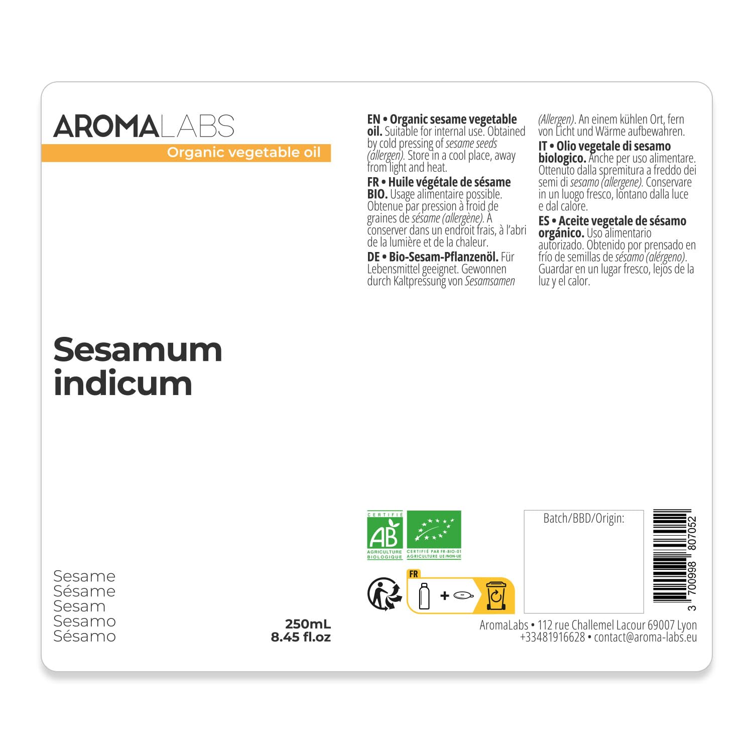 Aceite de Sésamo BIO (Sesamum indicum) - 250 mL - Aceite Vegetal Virgen Certificado AB - Aroma Labs