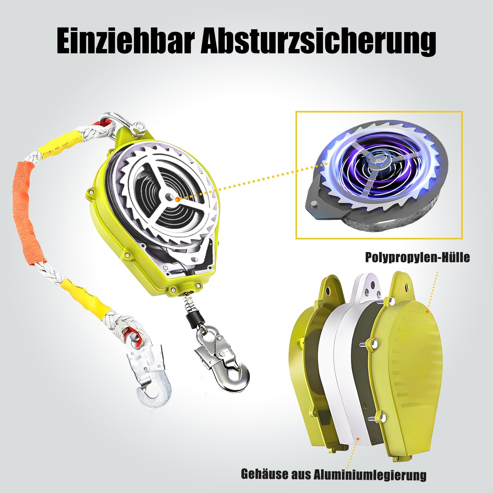 Absturzsicherung Dachdecker, Höhensicherungsgerät Absturzsicherung 3m/5m/7m/10m/15m/20m, Auffanggurt Absturzsicherung Einziehbar mit Selbstsicherndem Haken(Gelb,10m)