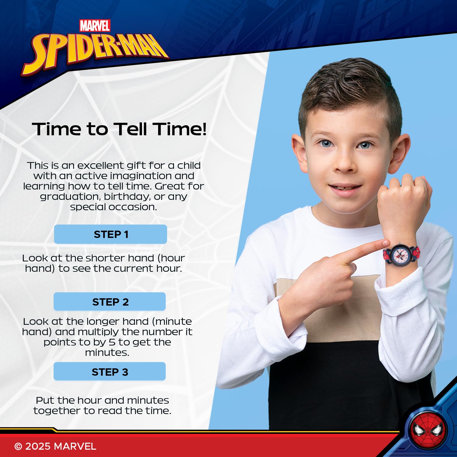Marvel Spider-Man - Orologio analogico al quarzo con cinturino 3D per insegnare l'ora ai bambini, Nero, blu navy, Spider Man - Orologi in plastica 1, cassa nera, cinturino in plastica blu