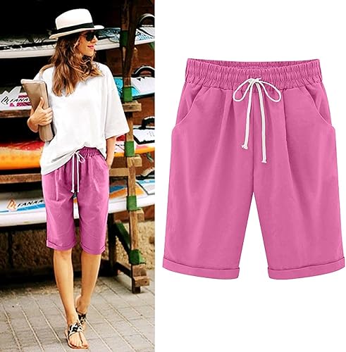 Miniatura 8 de Hvyesh Bermuda Shorts for Women Knee Length Plus Size Casual Summer Loose Fit Cotton Shorts Elastic Waist Shorts with Pockets