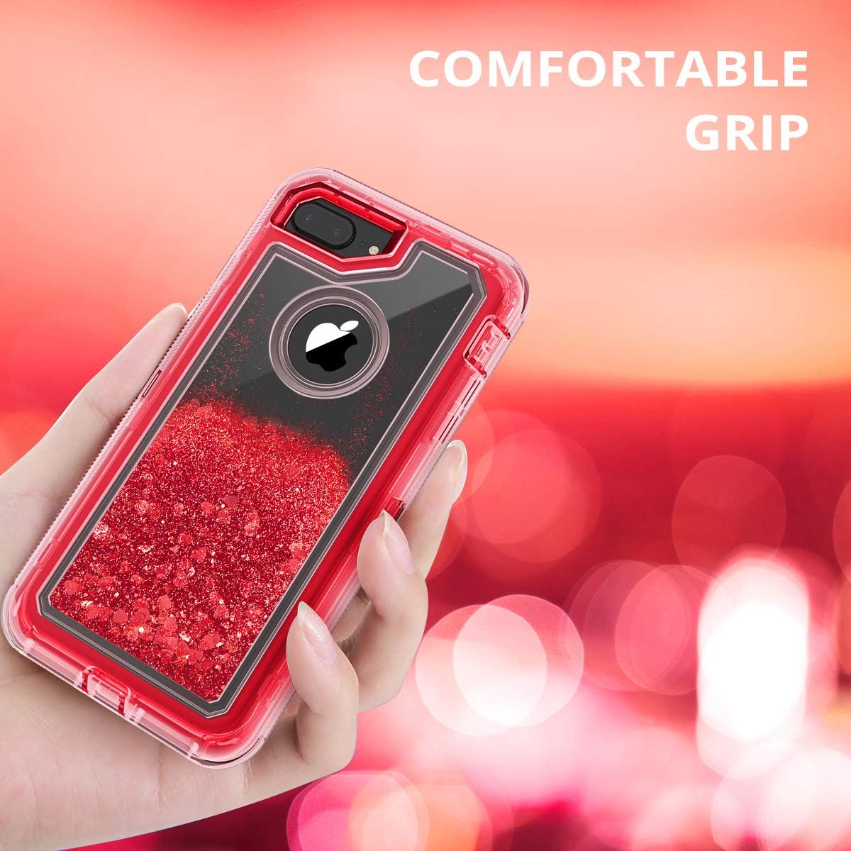 Dexnor Compatible iPhone 8 Plus Case, iPhone 7 Plus Case, iPhone 6 Plus Case, Glitter 3D Bling Liquid Clear Case 3 in 1 Shockproof TPU Silicone + PC Protective Defender Cover for Women/Girls - Red