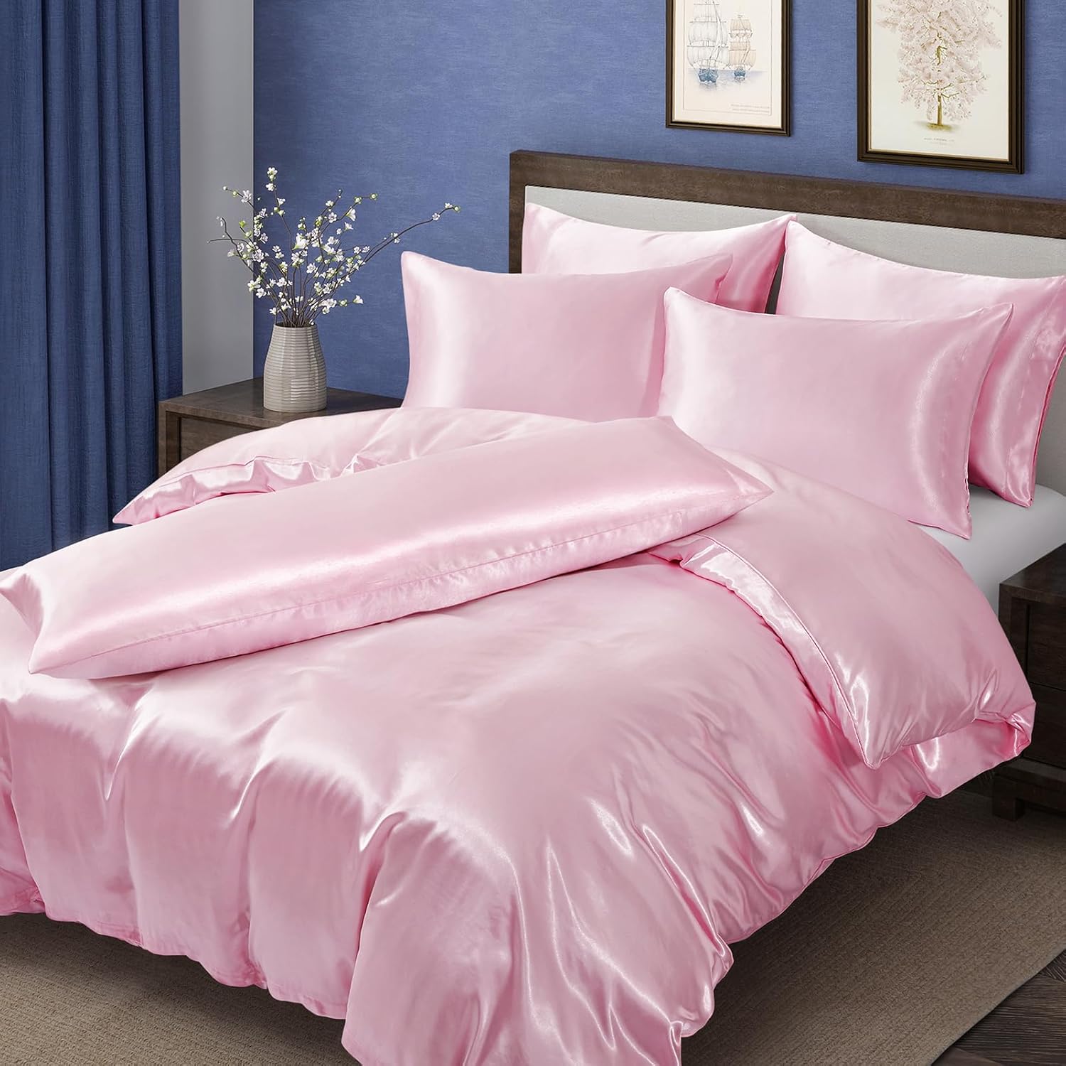 MILVOWOC 6 Pcs Blush Pink Satin Duvet Cover King Size Set, Silky Bed Duvet Cover Ultra Soft Comforter Cover, 1 Satin Duvet Cover, 1 Body Pillowcase, 4 Pillow Cases (No Comforter)