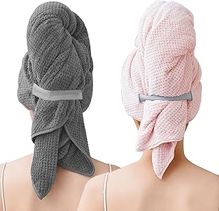 LLTLGF 2 Toalla de Pelo de Microfibra Grande para Mujeres, 103 x 60 cm Turbante de Primera Calidad con Banda Elástica/Seca...