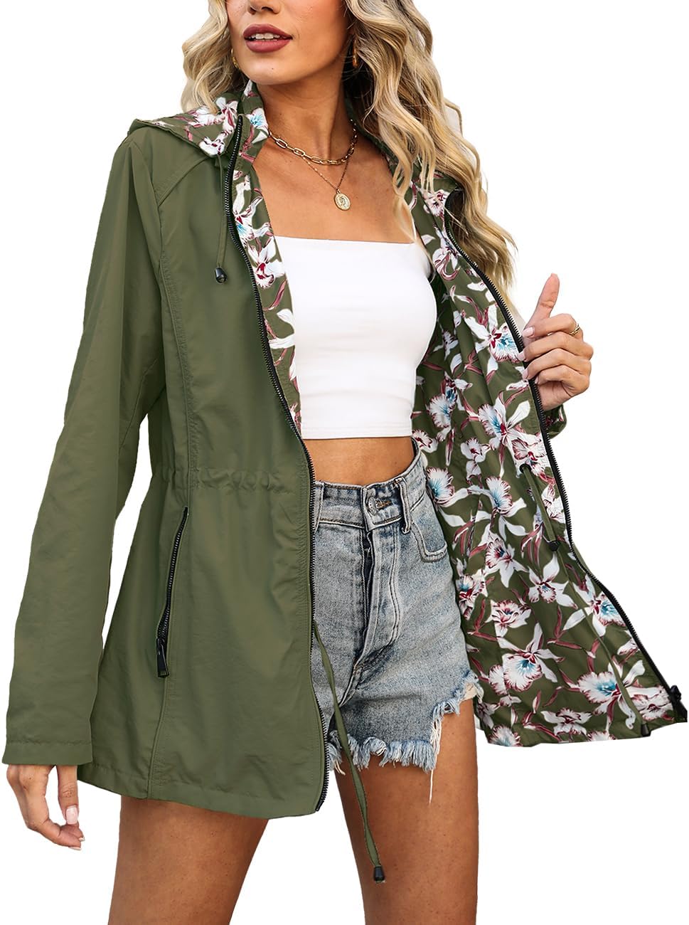 Bellivera Women Reversible Lightweight Jacket Casual Windbreaker Outerwear Waterproof Outdoor Printed Raincoat