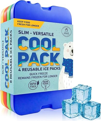 Cool Pack, Slim Ice Pack for Lunch Box - Quick Freeze and Long-Lasting - Freezer Cold Packs for Cooler Bag and Lunch Boxes - Original Long-Lasting Formula - (4 Pack)