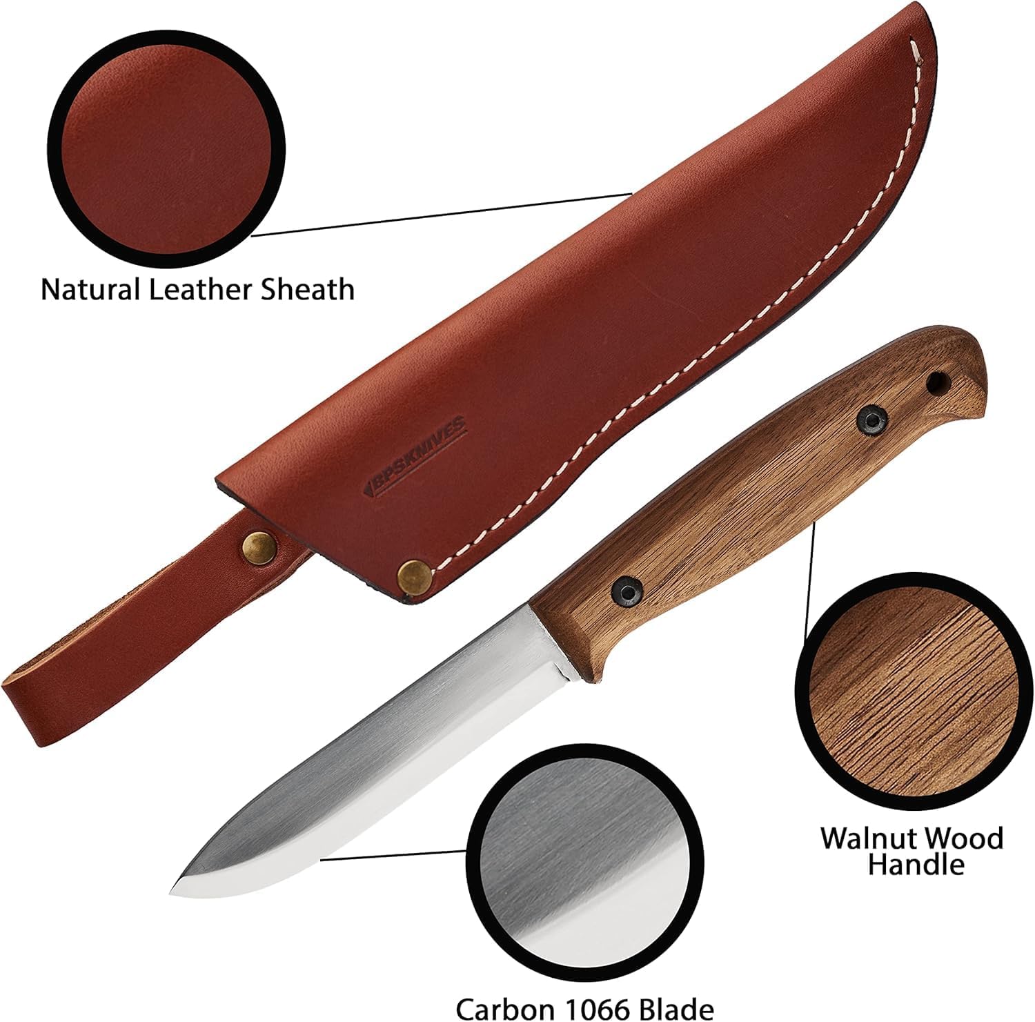 BPSKNIVES Left Hand BS2FT CSH - Full Tang Bushcraft Knife With Leather Sheath - Survival Tactical Knife - Camping Knives - Outdoor Knives - Fixed-Blade Carbon Steel Utility Knife