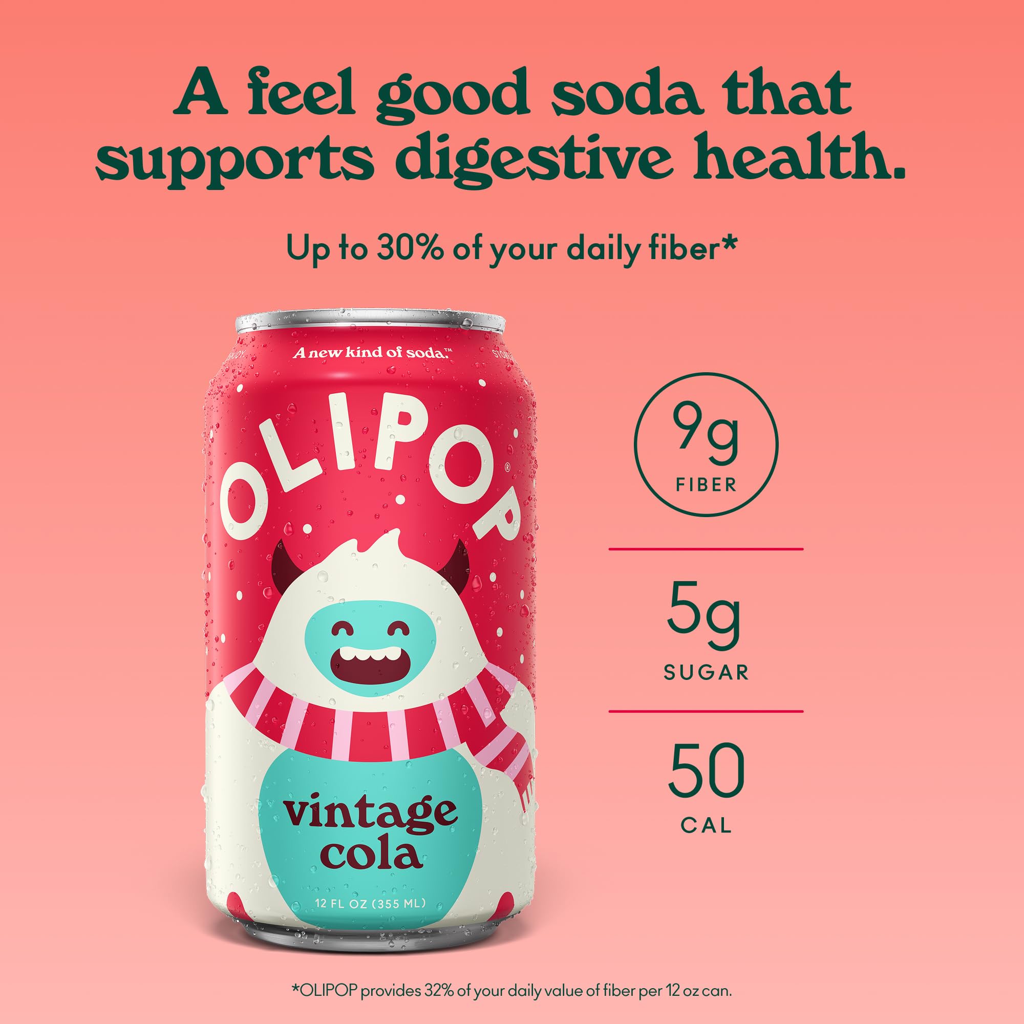 OLIPOP 9g Fiber Prebiotic Soda, Vintage Cola, 12 fl oz, 12 Pack