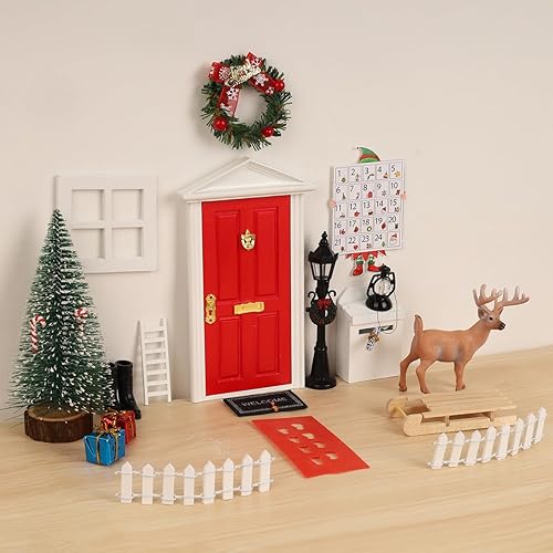 Miniatura 5 de WILDPARTY Kit de 21 piezas de puerta de hadas de dientes en miniatura rojo de Navidad, mini puerta de elfo de madera con accesorios, juego de cuento