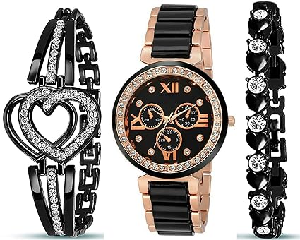 The Shopoholic Analog Black White Dial Watch with Heart Shape Bracelet Combo for Womens and Girls Pack of 3