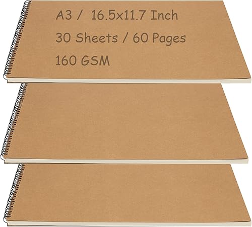 MOUYAT 3 cuadernos de bocetos A3, 16.5 x 11.7in, almohadillas de dibujo encuadernadas en espiral, almohadilla de bocetos de paisaje de 5.64ozm con