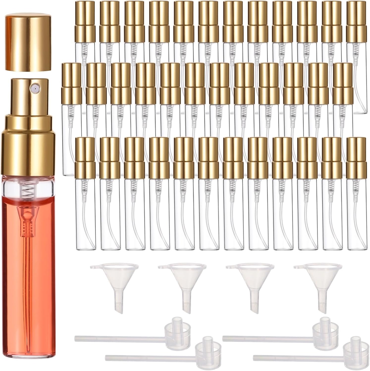 Lnrueg 100 Pcs 5 ml Mini Spray Bottles - 0.17 oz Refillable Glass Perfume Bottles, Portable Travel Sample Containers with Caps, Fine Mist Atomizers with 4 Funnels and 4 Dispensers, Gold