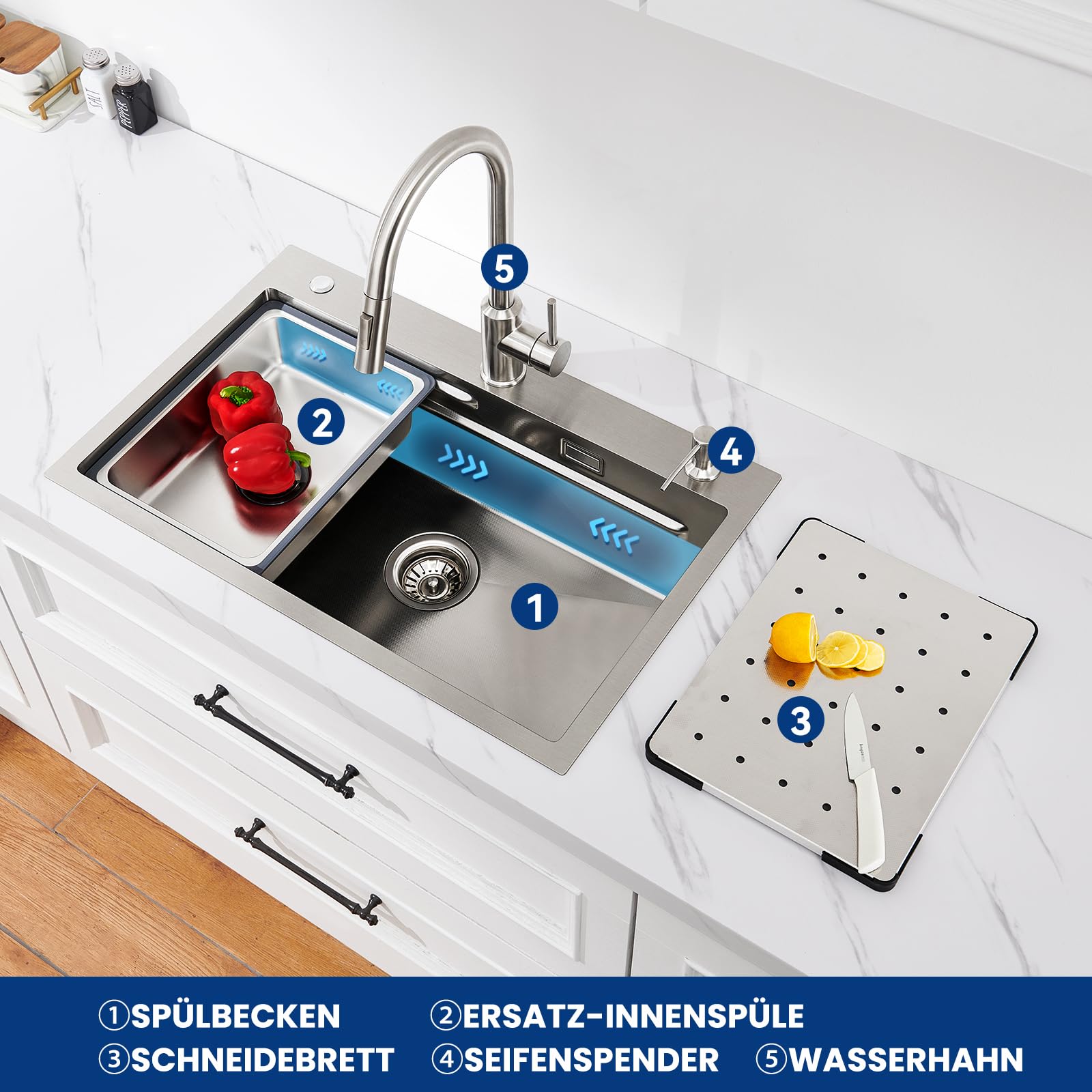 CECIPA Fregadero de cocina de 70 x 45 cm con grifo extensible X203S, acero inoxidable, incluye dispensador de jabón y sifón, incluye fregadero interior de repuesto y tabla de cortar, fregadero de