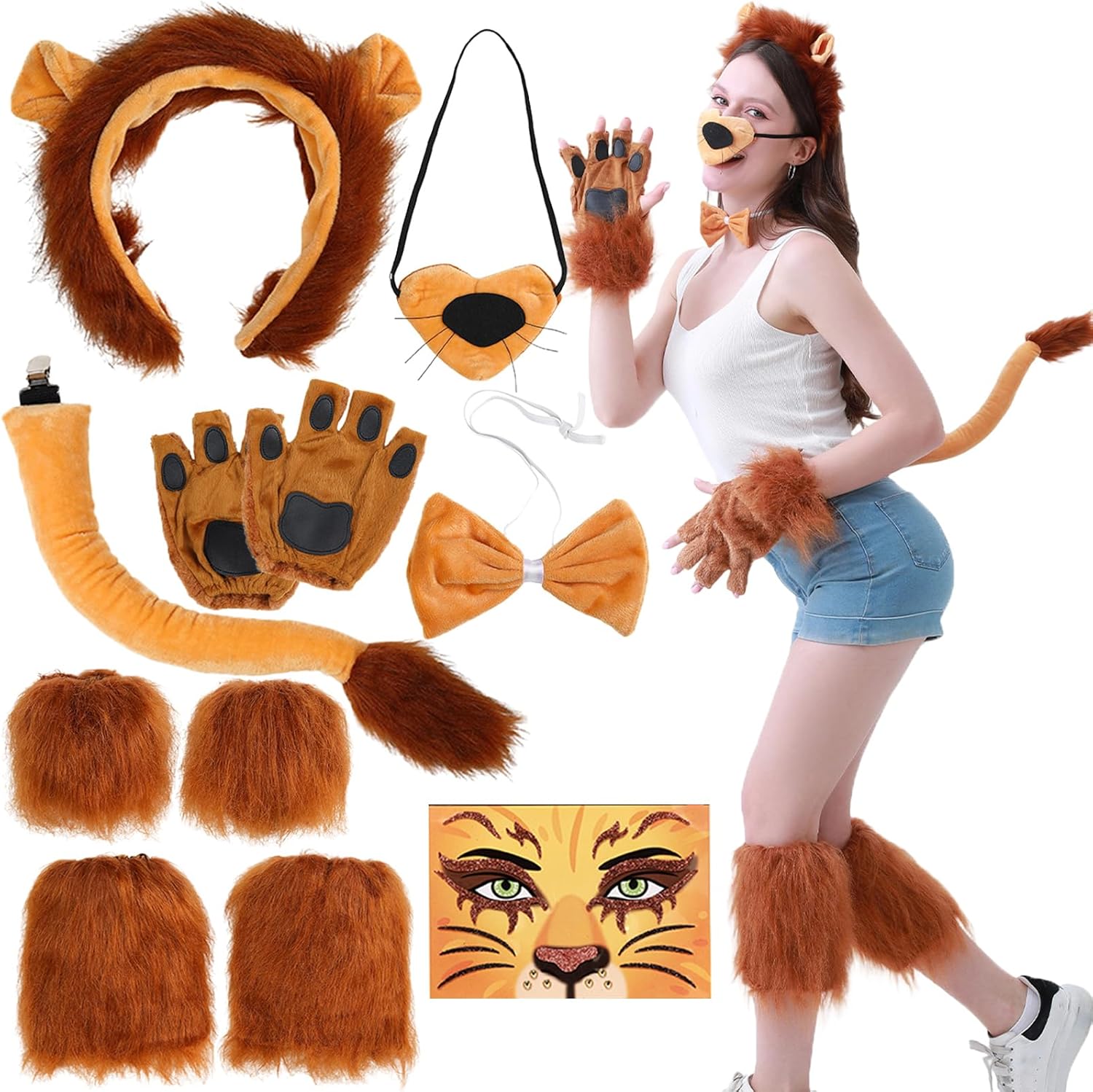 Lion Halloween Costume Set, Animal Costume Cosplay Accessories Headband Gloves Face Sticker Dress Up for Women