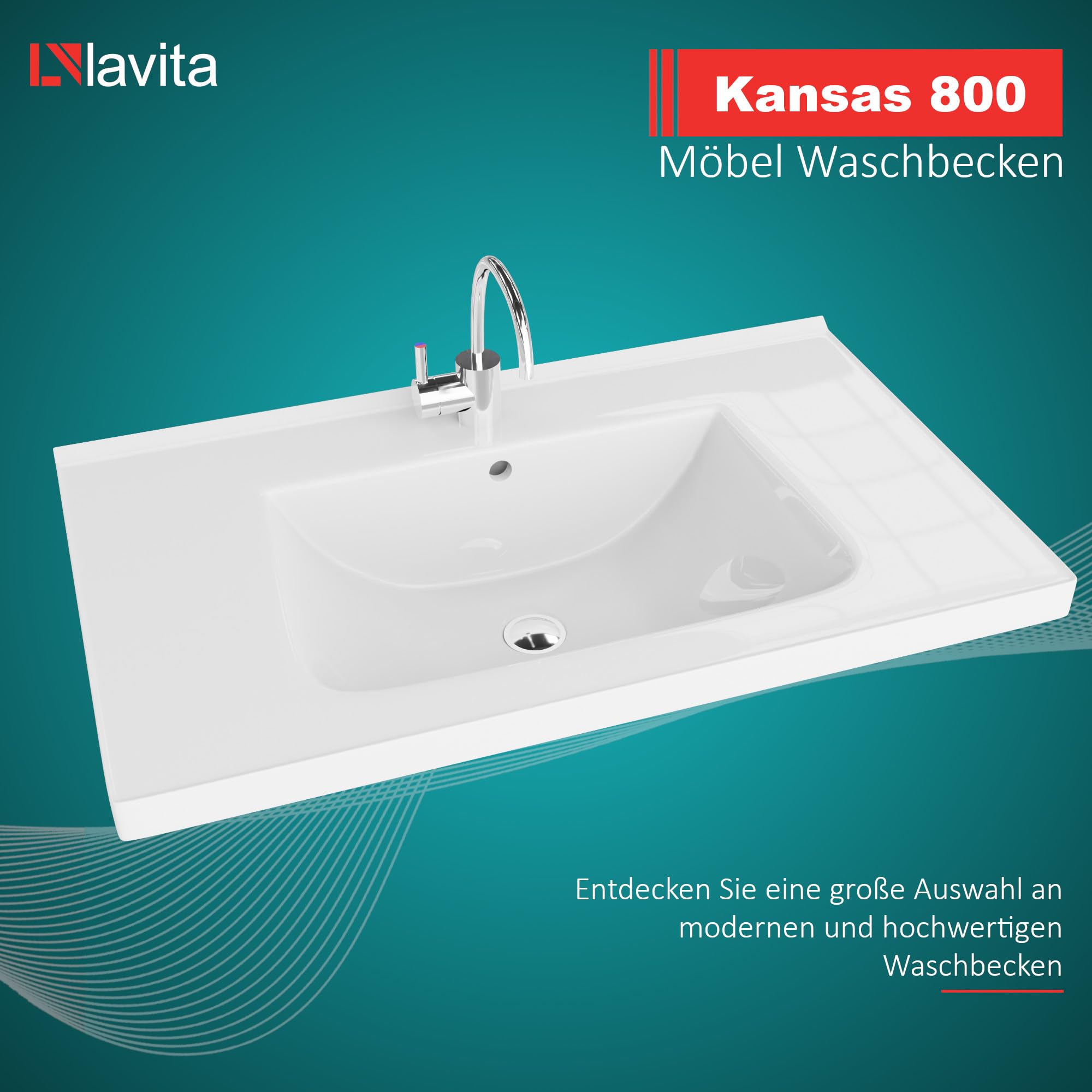 LAVITA Lavabo para muebles Kansas 800, lavabo con rebosadero y orificio para grifo, de porcelana de alta calidad, 81 x 49 x 21 cm, color blanco brillante
