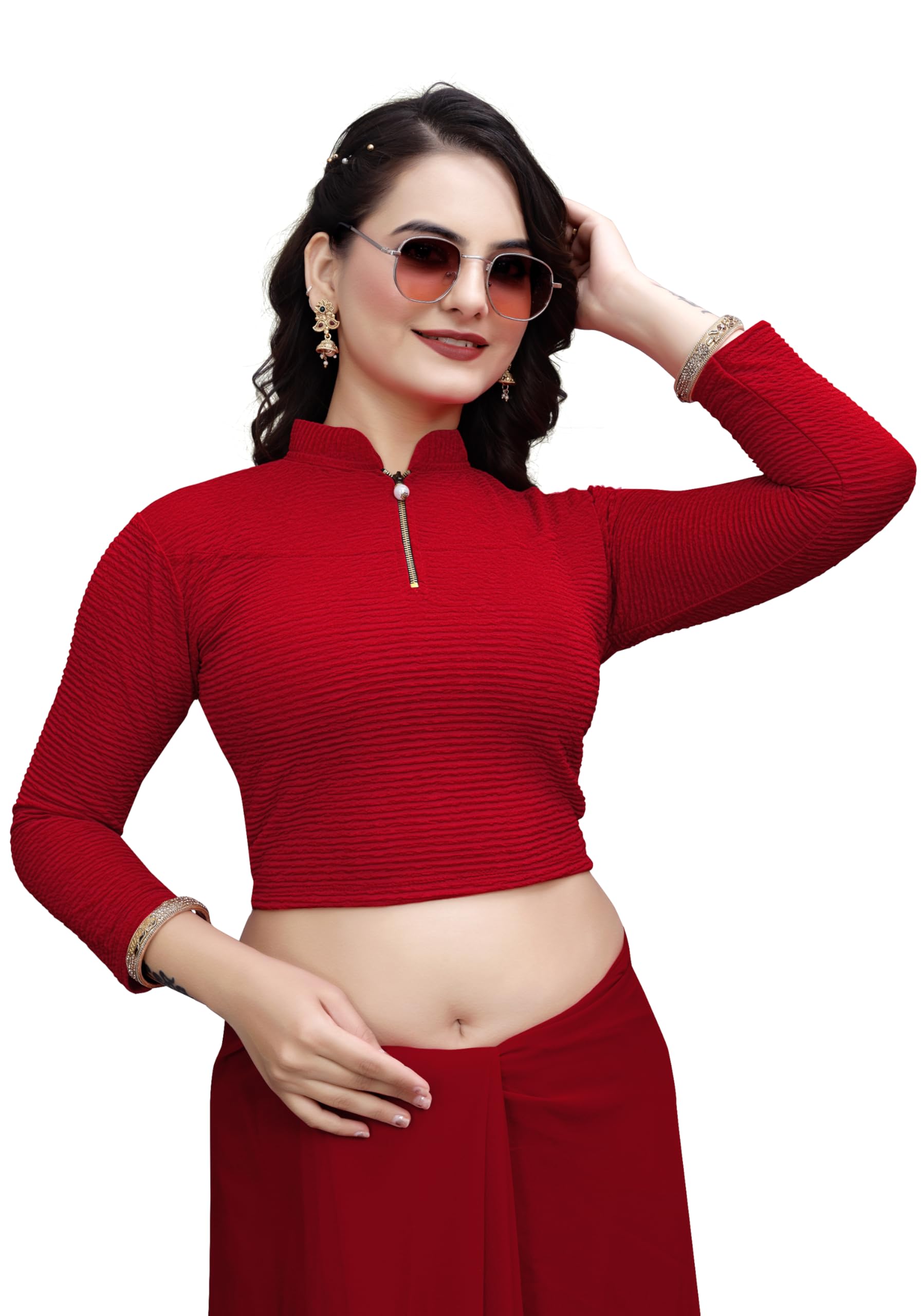 Chandan Tex Fab Fit Bit Crush Zipper Blouse | Stretchable Cotton Lycra Blouse for Women Readymade Full Sleeve Blouse | Available in 10 Colors | Sizes 28-40-picture-33