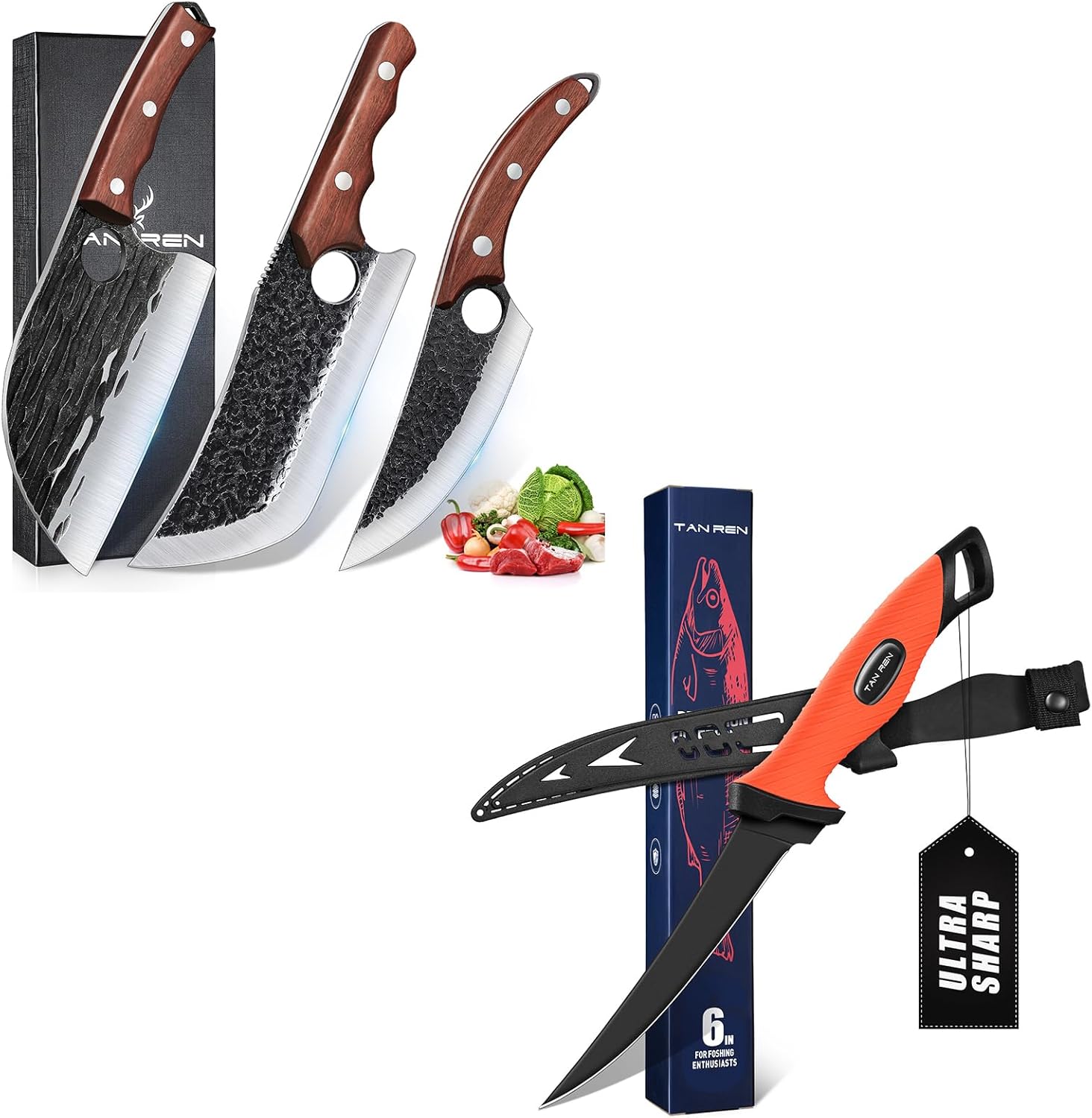 TAN REN 3PCS Butcher Knife Set for Meat Cutting and Fillet Knife for Fish 6 Inch for Filleting and Cleaning with Non-Slip Handle