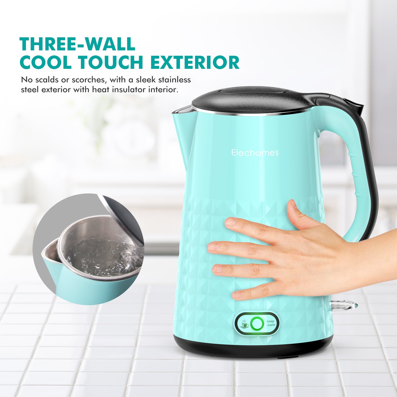 Hand touching the cool-touch exterior of the Elechomes CK1701 electric kettle.