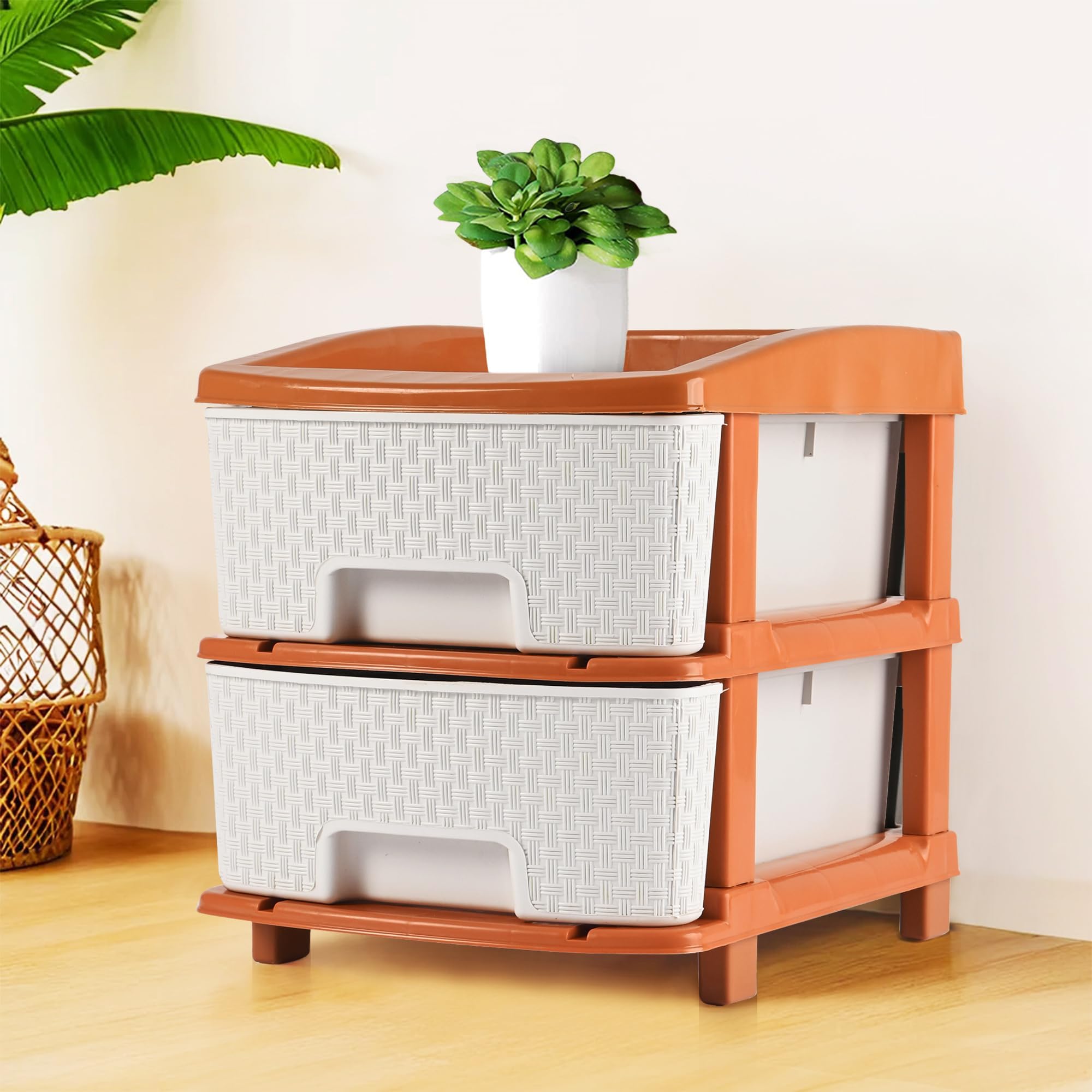 Kuber Industries 2-Tier Collapsible Multipurpose Plastic Drawers Storage Organizer | Durable Cabinets/Storage Rack for Kitchen | Kids Toy Box & Shelf for Home/Office | Brown & White
