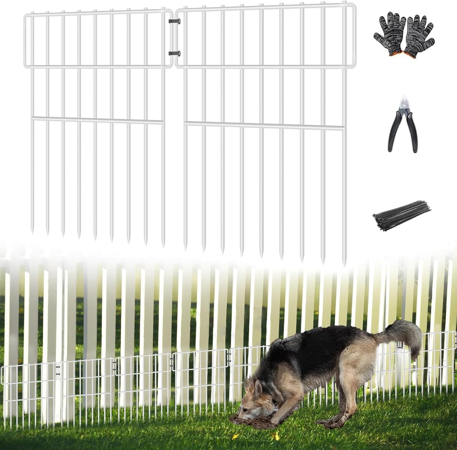 25 Panels Garden Fencing Animal Barrier, 17in (H) X 27ft (L) No Dig Dog Fence, 1.25 in Gap Fence Border for Dogs Rabbits, Rustproof Metal Decorative Fences Blocker for Outdoor, Yard, Patio, White