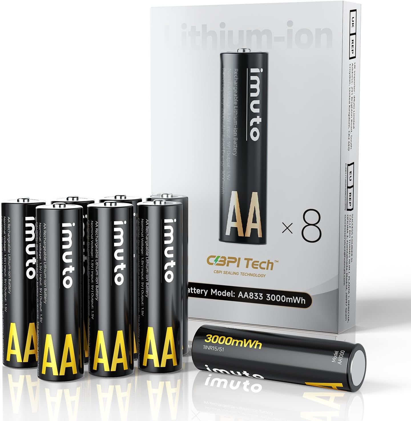 Rechargeable aa Batteries, 3000mWh aa Lithium Batteries 8 Pack, 1.5V 2A Output Double a Battery, 1600+ Cycle Life