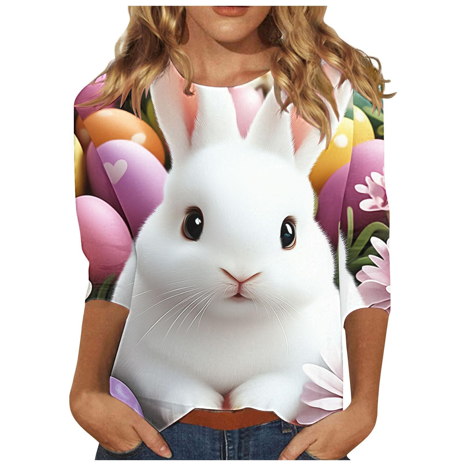 Womens Easter Shirts Funny Cute Floral Rabbit Bunny Easter Eggs Print 3/4 Length Sleeve Tee Tops Spring Break Outfits Good Friday Shirts for Women