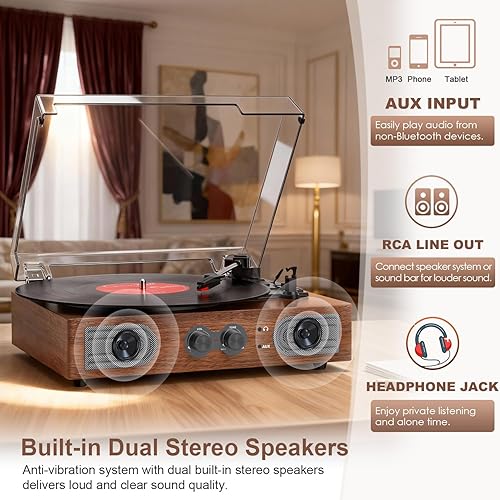 Miniatura 5 de Reproductor de discos de vinilo con altavoces estéreo integrados, tocadiscos de 3 velocidades con transmisión por correa, control de agudos y