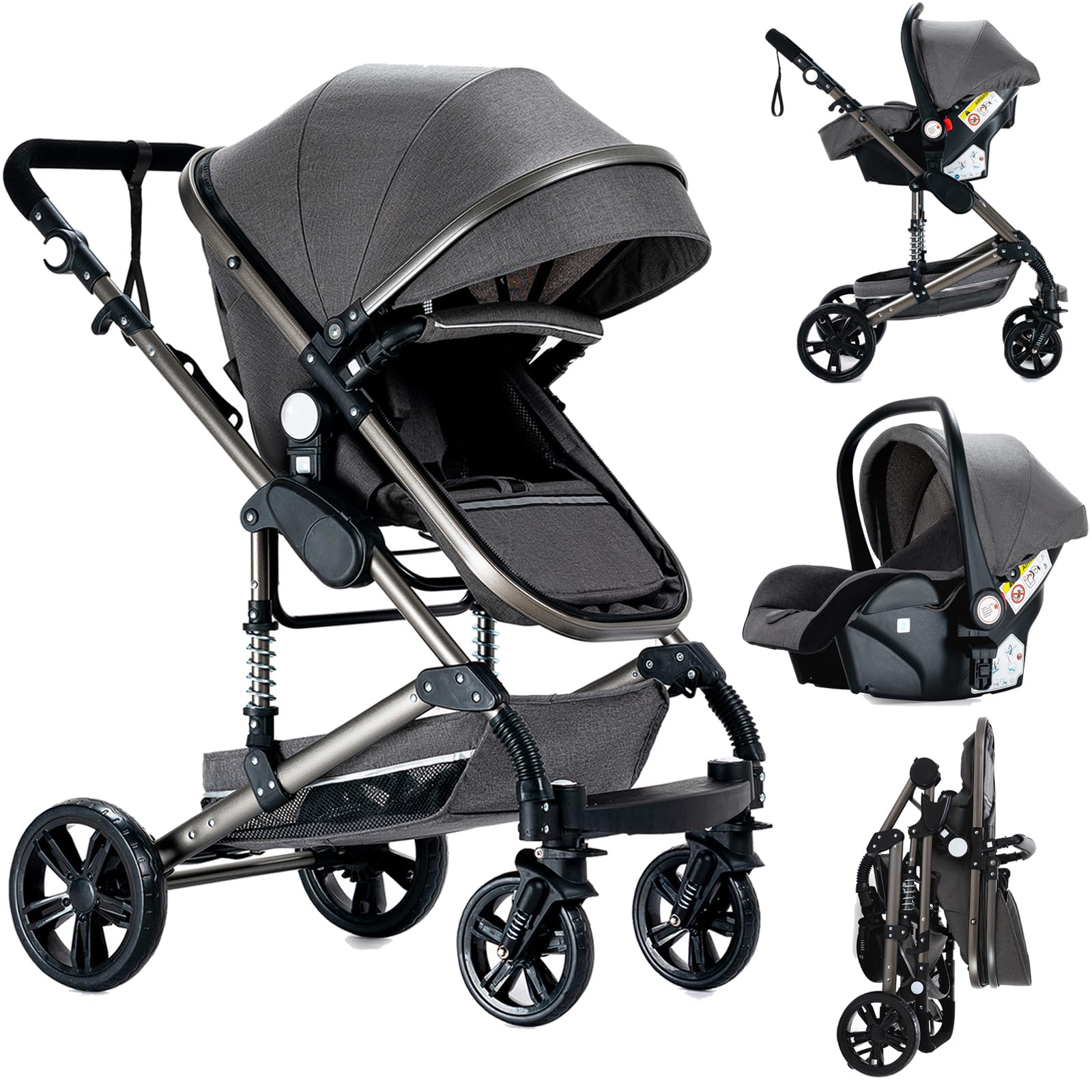 Reenborn Kinderwagen 3 in 1, Buggy mit zwei umkehrbaren Schiebemodi, Aluminiumlegierung, Ein-Klick-Faltdesign, Hohe Landschaft (739 Grey)