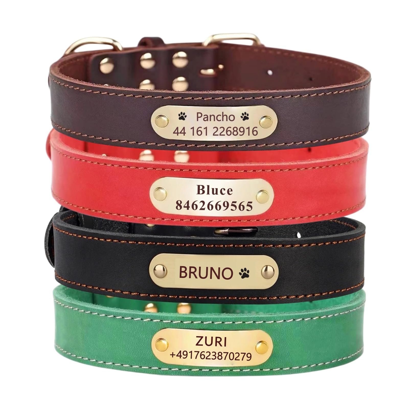 Collar de perro de cuero auténtico personalizado con nombre de identificación grabado, correa de cuero real con placa de identificación grabada, compatible con perros pequeños, medianos y grandes