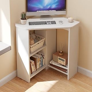 TYHQY Corner Desk Computer Table,Triangle Study Desk L-shaped Desk Laptop Workstation Gaming Desktop with Large Storage Space Environmental Wood for Office or Home (White,57CM)