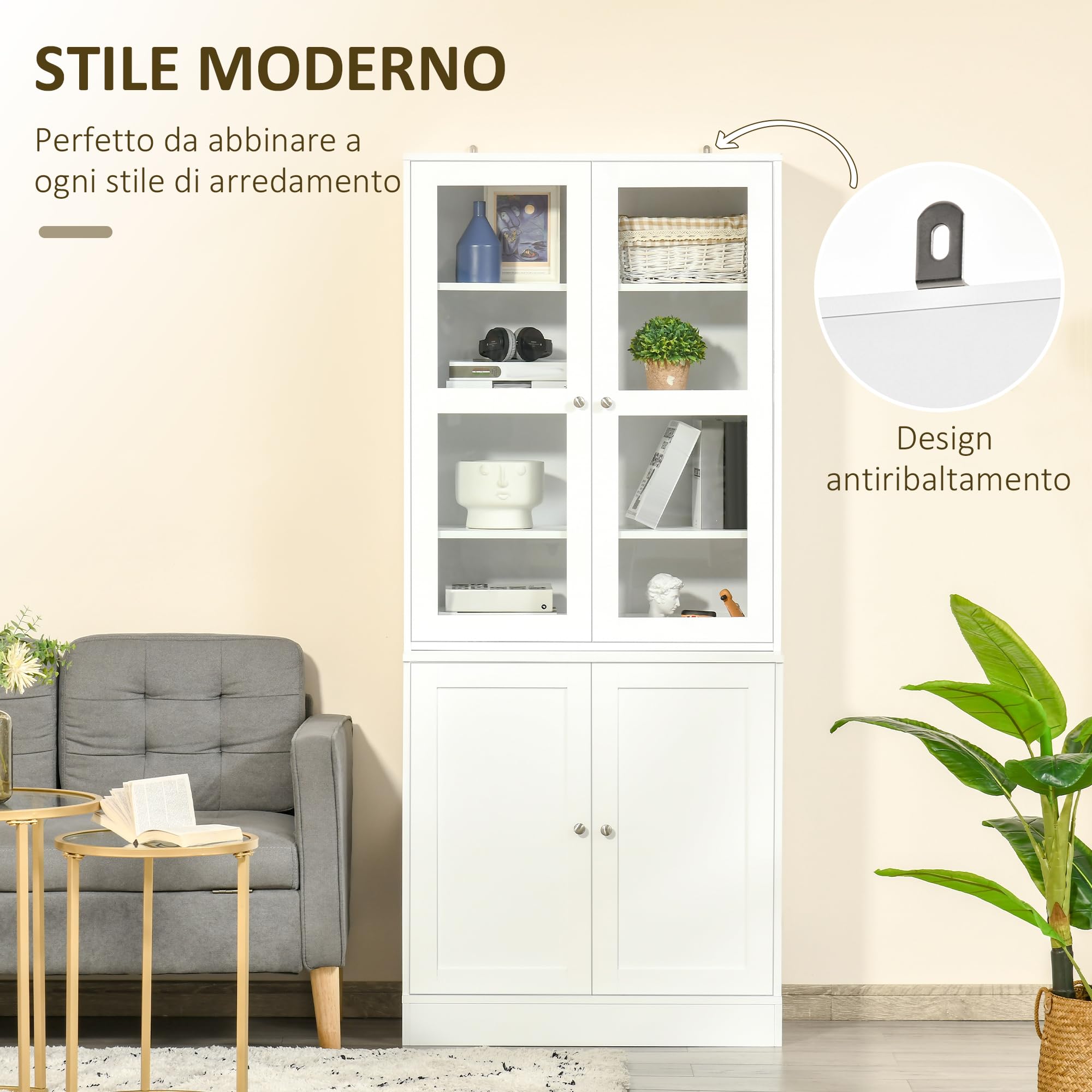 HOMCOM Mobile Libreria con Ante in Vetro Temperato 76x40x178.5 cm Bianco