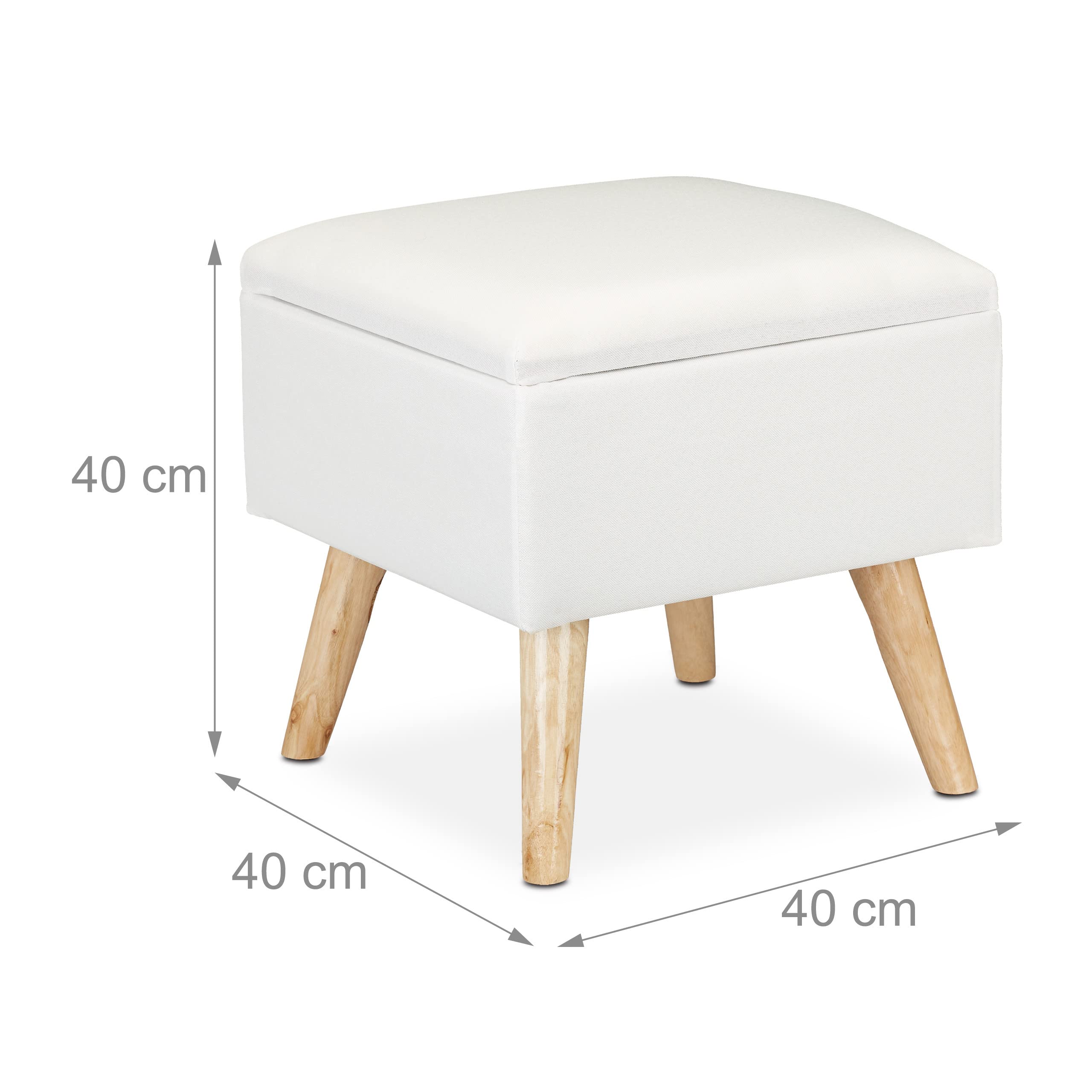 Relaxdays Sgabello con Contenitore, Rivestimento in Lino Sintetico, Gambe in Legno e Coperchio, HLP: 40x40x40 cm, Bianco
